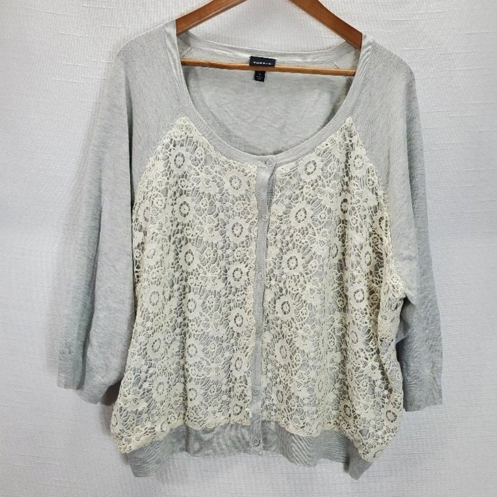 Torrid Cardigan Womens 4 (26/28) Gray Cream Crochet Overlay 3/4 Sleeve Sweater